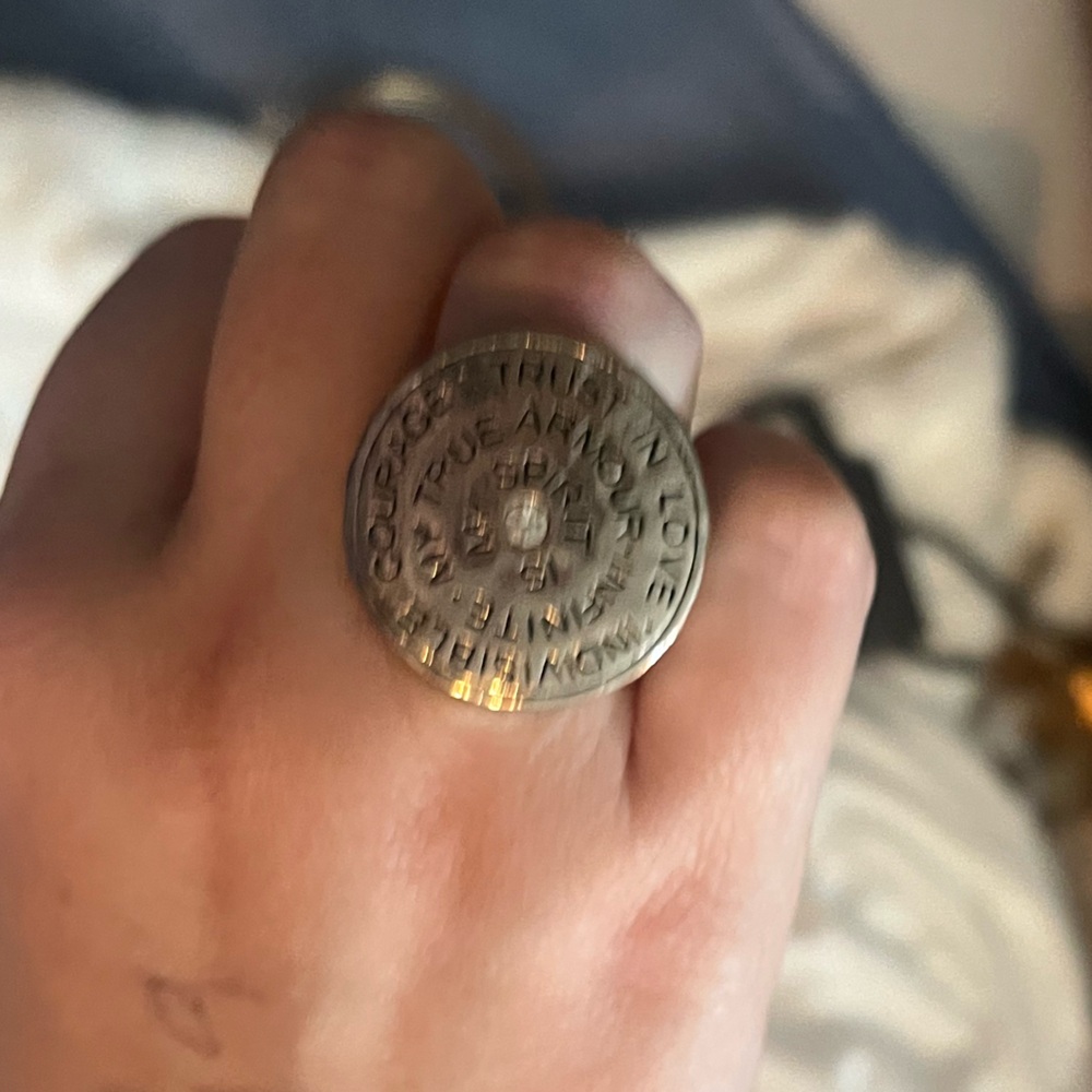 Women’s Big, Cool, Silver Statement Ring w| Words & Jewel in the Middle - Picture 2 of 7